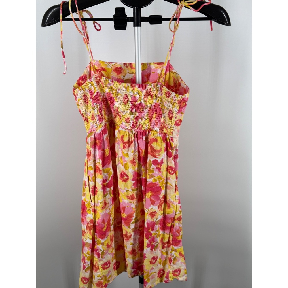 Old Navy Pink Yellow Floral Linen Blend Tie Strap Mini Sundress XS - Picture 4 of 9